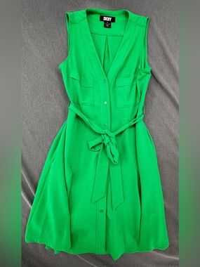 DKNY Green Shirt Dress Women’s 10 Button Front Belted Sleeveless Pockets